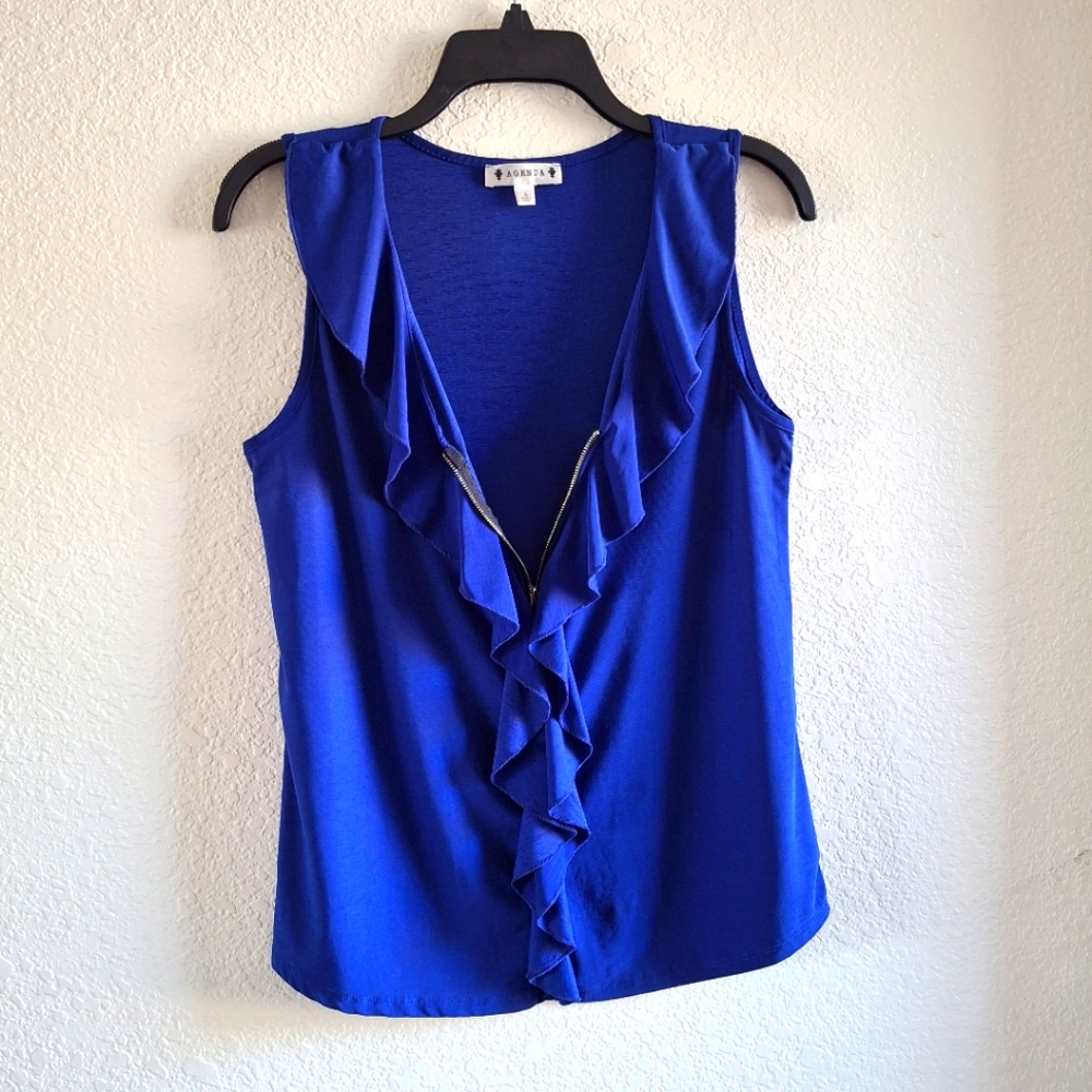 Blue Vneck Ruffle Zip Sleeveless Top Small 🔷️ - Picture 3 of 5